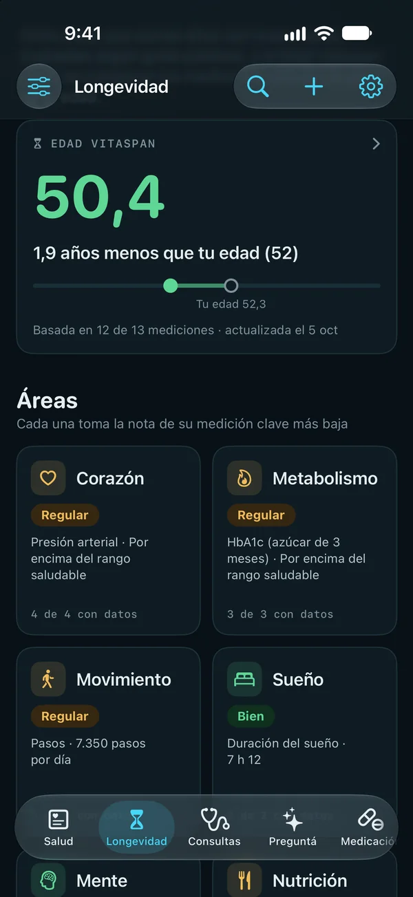 Pestaña Longevidad: la tarjeta de Edad Vitaspan arriba de las áreas, cada una con su nota Bien, Regular o Requiere atención: Corazón, Metabolismo, Movimiento y Sueño.