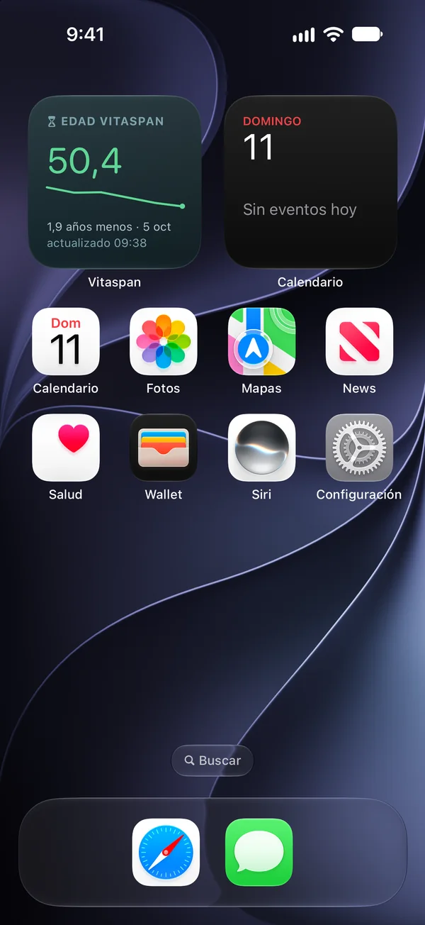 Pantalla de inicio con el widget chico Tus números que muestra la Edad Vitaspan 50,4, 1,9 años menos, con su tendencia semanal.