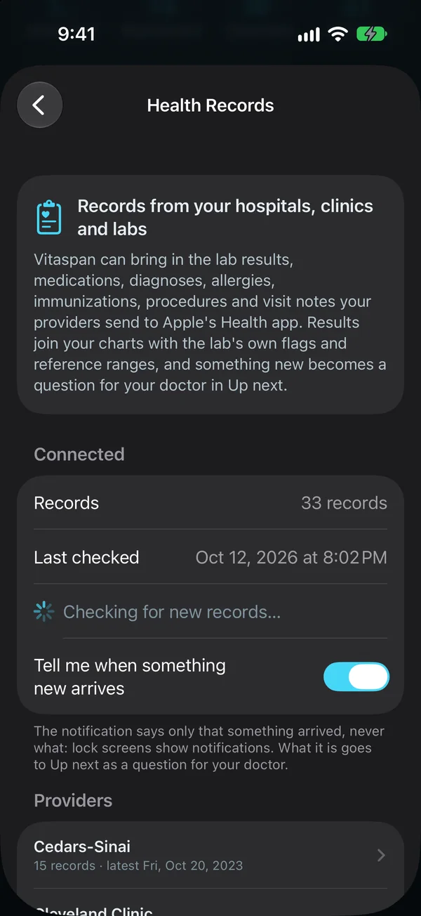 Health Records screen: records from your hospitals, clinics and labs, 33 records connected, Tell me when something new arrives turned on, and the providers they came from, such as Cedars-Sinai.