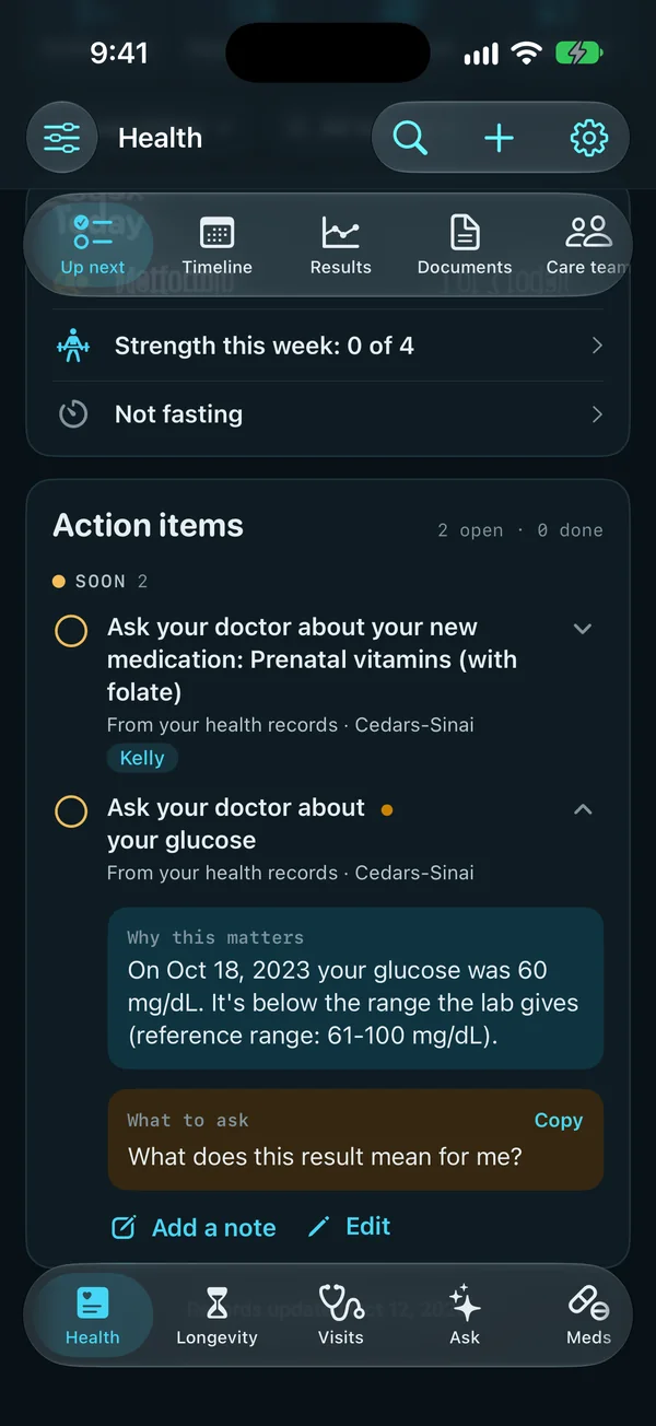 Up next: Ask your doctor about your glucose, from your health records at Cedars-Sinai. Why this matters: on Oct 18, 2023 your glucose was 60 mg/dL, below the range the lab gives (61-100 mg/dL). What to ask: What does this result mean for me?