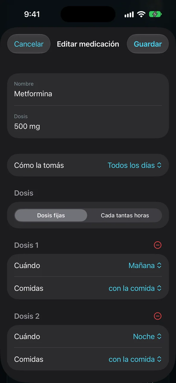 Editar medicación: Dosis 1 a la mañana con la comida y Dosis 2 a la noche con la comida, con Cada tantas horas como otra opción.