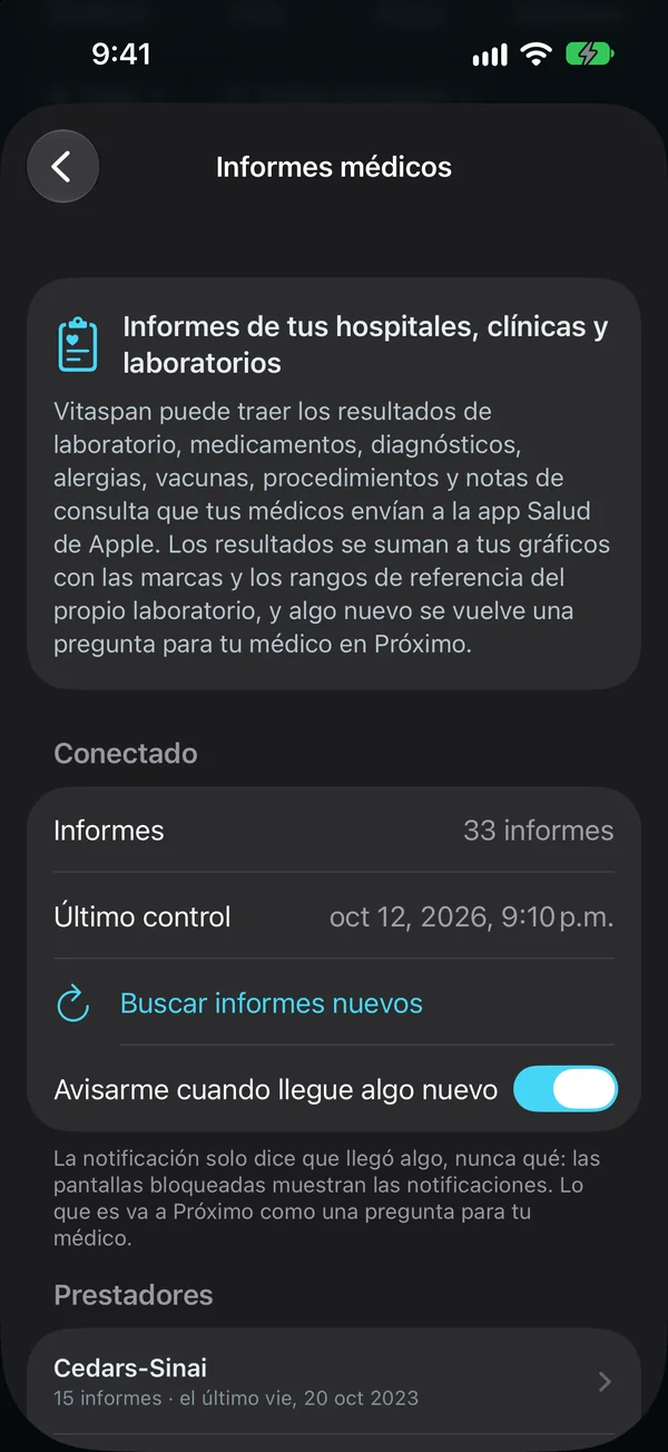 Pantalla Informes médicos: informes de tus hospitales, clínicas y laboratorios, 33 informes conectados, Avisarme cuando llegue algo nuevo activado, y los prestadores de donde vienen, como Cedars-Sinai.