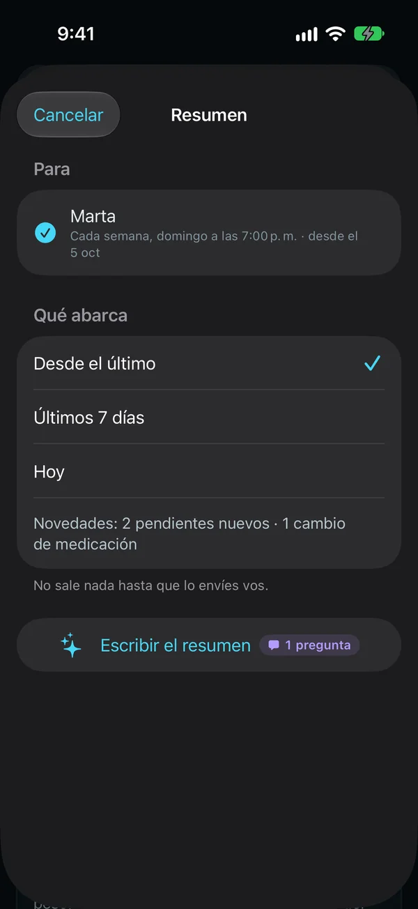 Hoja Resumen: para Marta, cada semana el domingo a las 7:00 p. m., con todo desde el último: 2 pendientes nuevos y 1 cambio de medicación. No sale nada hasta que lo envíes. Escribirlo cuenta como 1 pregunta.