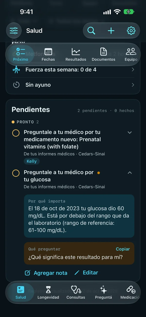 Próximo: Preguntale a tu médico por tu glucosa, de tus informes médicos de Cedars-Sinai. Por qué importa: el 18 de oct de 2023 tu glucosa dio 60 mg/dL, por debajo del rango que da el laboratorio (61-100 mg/dL). Qué preguntar: ¿Qué significa este resultado para mí?