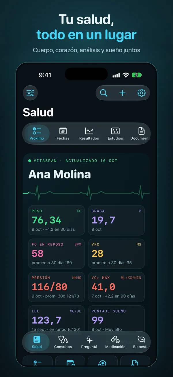 Tu salud, todo en un lugar. Cuerpo, corazón, análisis y sueño juntos